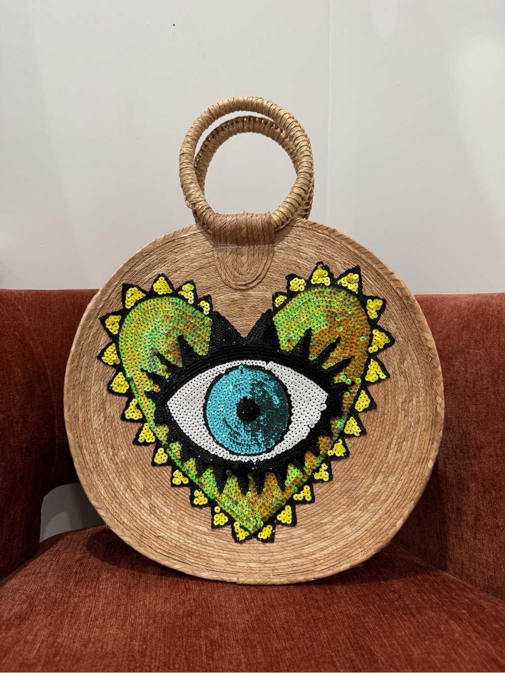 Handwoven Palm Tote from Mexico with Sequined Eye Heart - Natural & Turquoise
